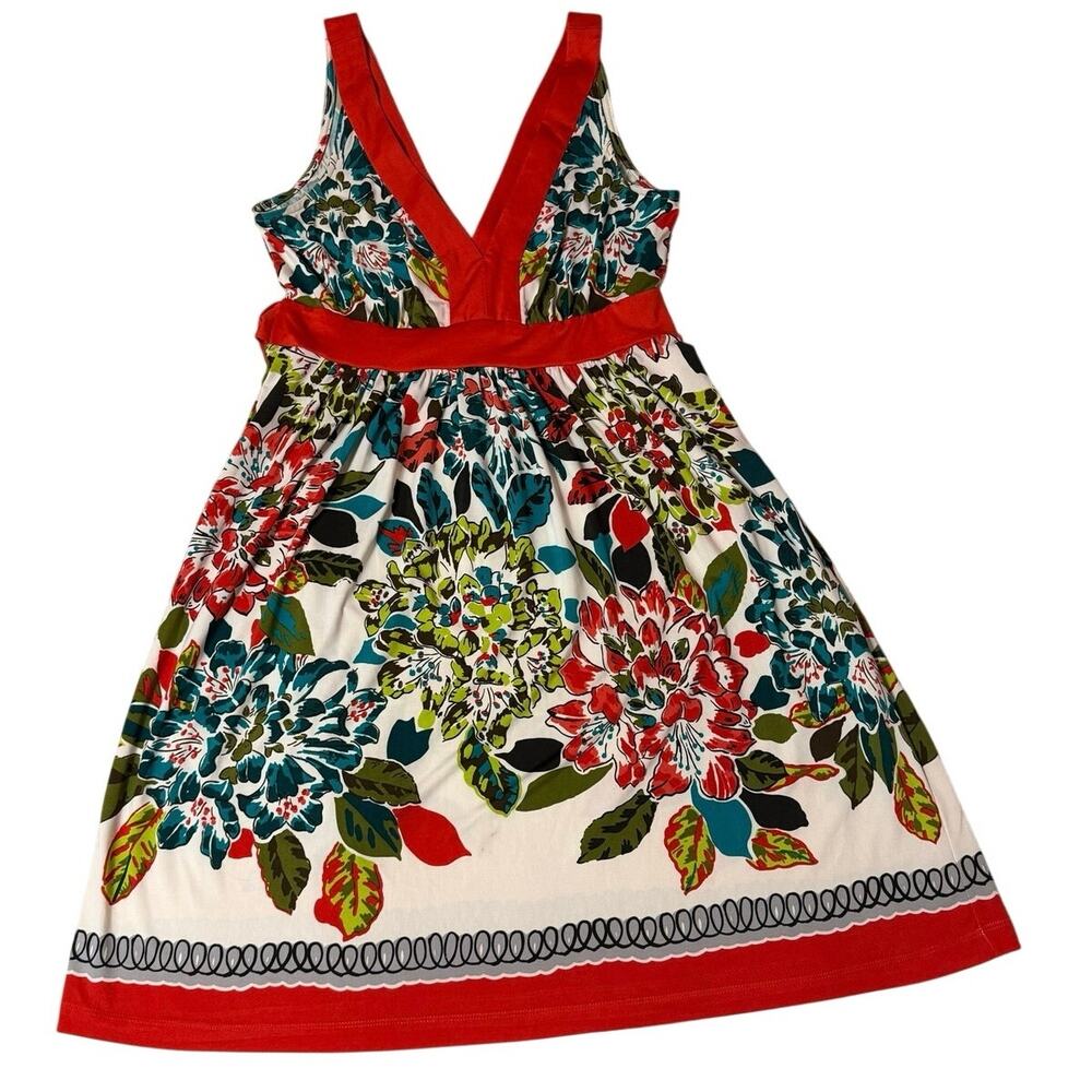 Y2K ECI New York Multicolor Floral Red & Blue V Neck Sleeveless MIDI Dress Sz 2